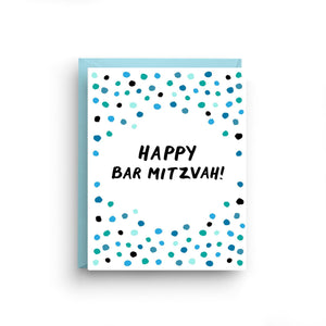 Card with text "HAPPY BAR MITZVAH!" with blue polka dots in the background. Come with a sky blue envelope!