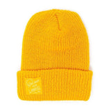 A yellow beanie with a yellow square patch with white text: "HIKE AWAY YOUR WORRIES."