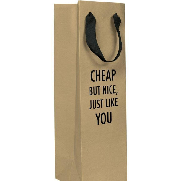A brown wine gift bag with a black text: 