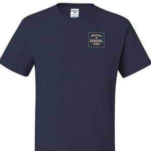 A navy colored t-shirt with tan text "HURLEYVILLE GENERAL STORE SHORT SLEEVE T-SHIRT" in the top corner.