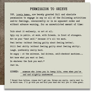 A white square card begins with a text: "PERMISSION TO GRIEVE."