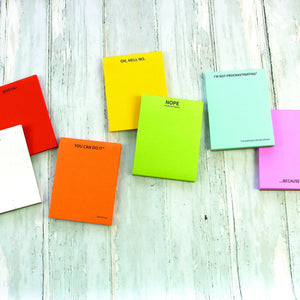Note pads in colors: white, red, orange, yellow, lime green, sky blue, and baby pink