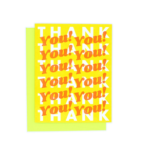 A yellow card with retro style white and orange text that repeats : "HAPPY BIRTHDAY!" Comes with a lime yellow envelope.