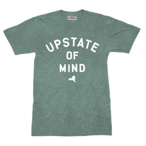 A mint green colored t-shit with a white text: "UPSTATE OF MINE" and an illustration of the upstate New York map.